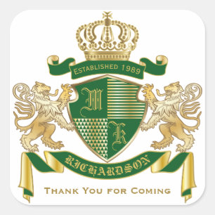Tack Vapenmärke Grönt Guld Lejon Monogram Overåtrå Fyrkantigt Klistermärke