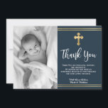 Tack vare det moderna marinets och Guld Blå baptis<br><div class="desc">Modern Minimalistisk Elegant - "Navy blue christening" och "baptism" - tack vare kort. Tack till familj och vänner med den här moderna personligen tack för att du religiösor ett platt kort. Den har handskript med bokstäverna "Tack", runt dubbla faux guld foil ram på marin bakgrund. Det här vackra fototackkortet blir...</div>