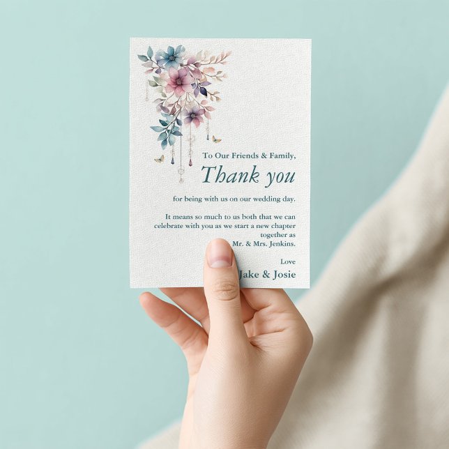 Tack vare kortet från bröllop bordsnummer (Pretty watercolor style hanging pink purple and blue flowers and butterflies wedding thank you card.)