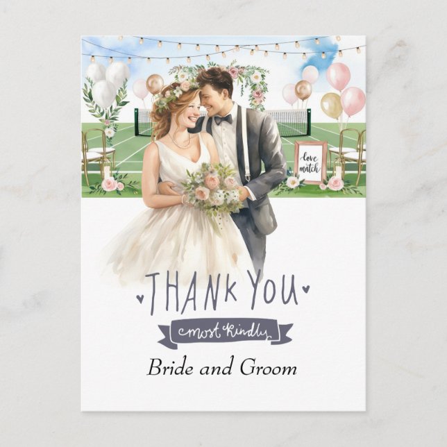 Tack vare Tennis Bride och Groom Bröllop Vykort (Framsida)