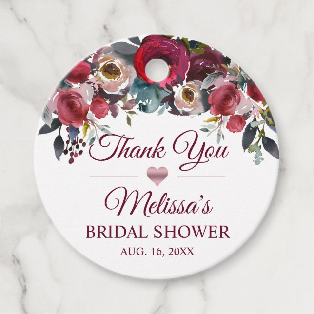 TACK VATTENFÄRG Blommig Burgunder Röd Bröllopsdusc Gåvor Etiketter (Framsida)