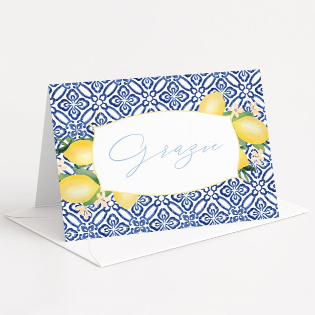 Tack Vattenfärg Citroner Blå Italienska Plattor (Grazie watercolor lemons blue tiles Italian theme bridal shower thank you card)