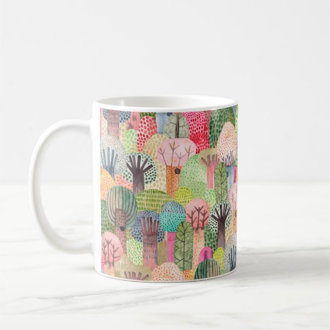 Täck vattenfärgsbakgrund. Sömlösa skogsvedlar Kaffemugg (Vänster)
