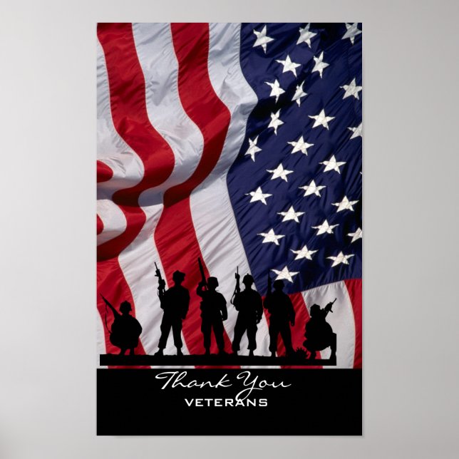 Tack veteraner - Amerikanska Flagga och soldater Poster (Framsidan)