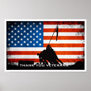 Tack veteraner - Flagga och Soldier Silhouette Poster