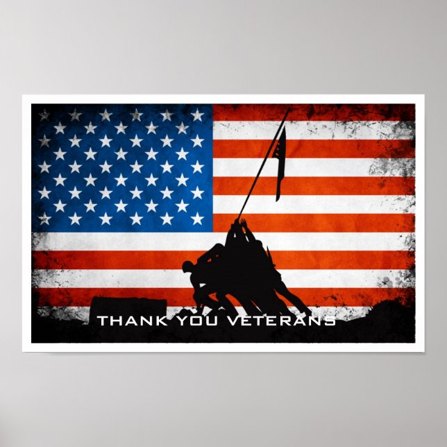 Tack veteraner - Flagga och Soldier Silhouette Poster (Framsidan)