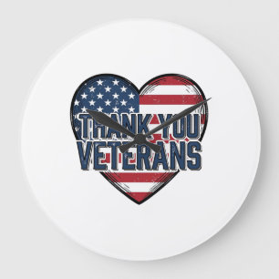 Tack Veteraner Patriotiskt Hjärta Vintage Design_ Stor Klocka