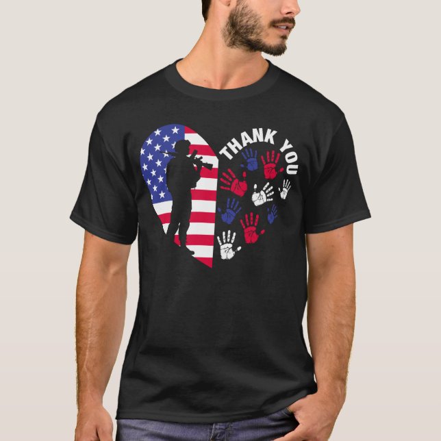 Tack Veteraner Röd Vit Blå Handavtryck Gåva T Shirt (Framsida)