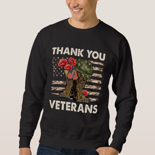 Tack Veterans Camo American Flagga Combat Boots Lång Ärmad Tröja (Framsida)