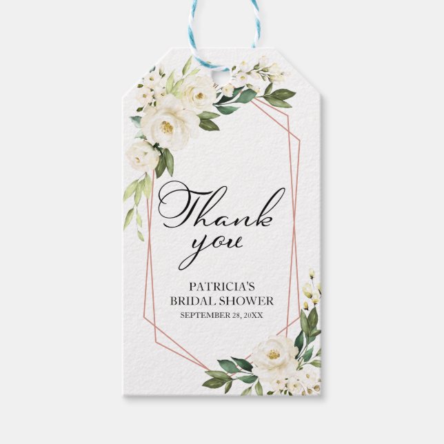 Tack - Vita blommor Grönska Geometrisk present  Presentetikett (Framsidan)