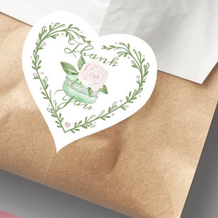 Tack Watercolor Blommigt Mint Macaron Bakery Hjärtformat Klistermärke