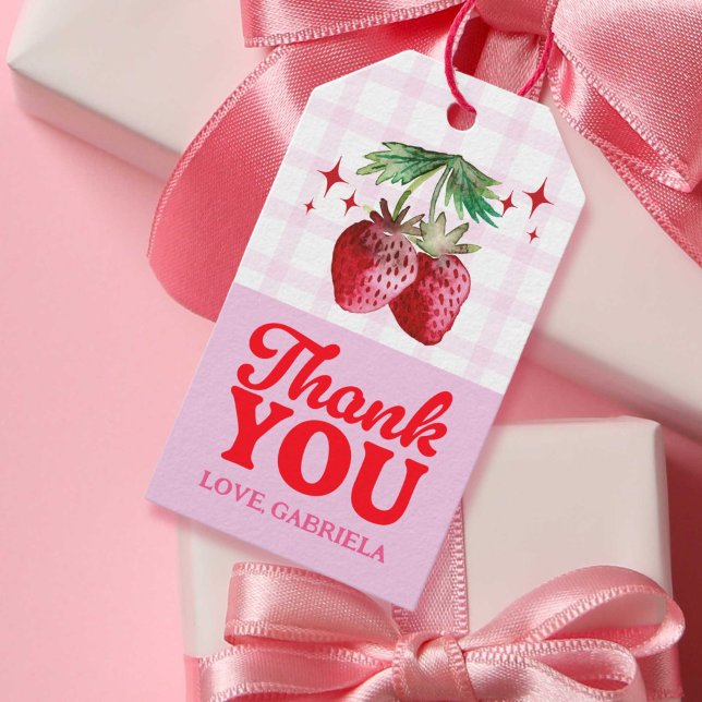 Tack Watercolor Strawberry Rosa Play Presentetikett (Thank You Watercolor Strawberry Pink Plaid Gift Tags)