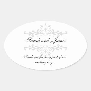 Tack Wedding Favor Sticker Grått White Ovalt Klistermärke
