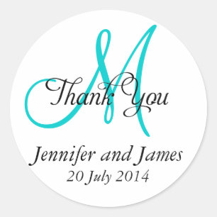 Tack Wedding Favor Stickers Monogram Aqua Runt Klistermärke