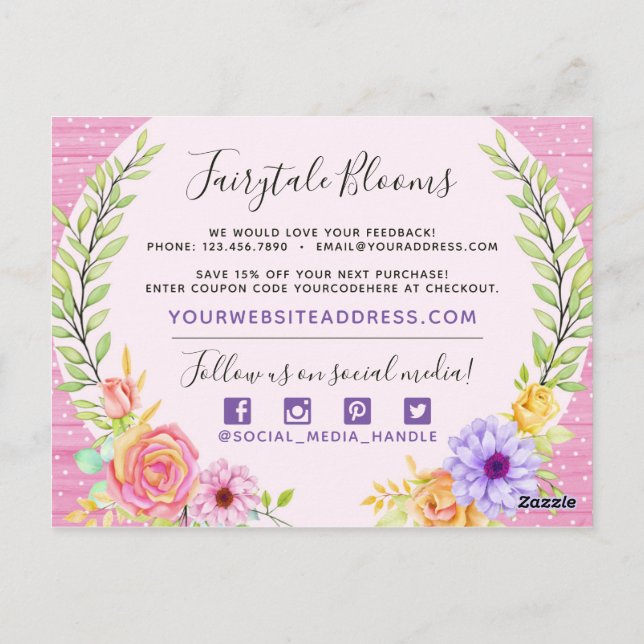 Tack Whimsical Floral Rosor Rustik Rosa Trä Vykort (Baksida)