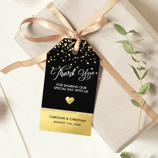 TACK White Black Faux Gold Foil Heart Bröllop Presentetikett (Skapare uppladdad)