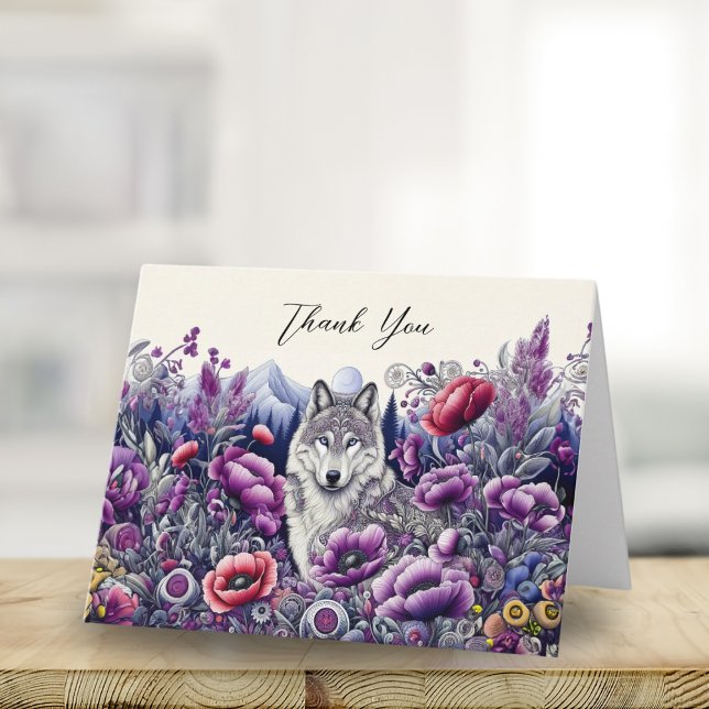 Tack Wolf Folk Art Med Vallmo Kort (Express gratitude with whimsical folk art, perfect for nature enthusiasts.
)