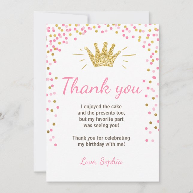 Tacka dig att card Princess Födelsedag Guld Rosa Tack Kort (Framsida)