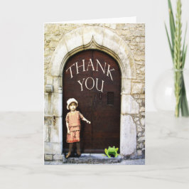 Tacka dig, görar grön liten flicka och frog.en tack kort