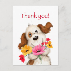 Tacka dig, gullig hund med flowers. vykort