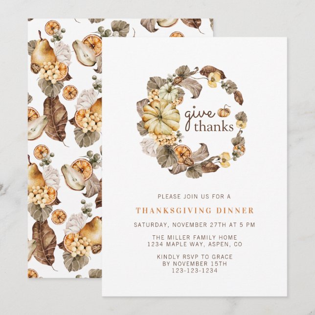 Tacka Elegant akvarell Thanksgiving Middag Inbjudningar (Fram/baksida)