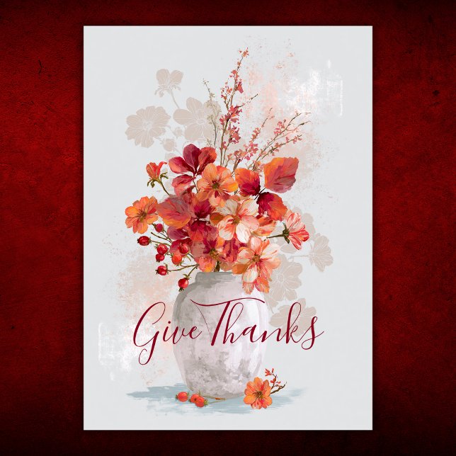 Tacka Höst Blommig Bukett Tacksaydning Helgkort (Give Thanks Autumn Floral Bouquet Thanksgiving Holiday Card Front)