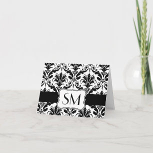Tackar Monogrammed svart vit för damast dig att Anteckningskort