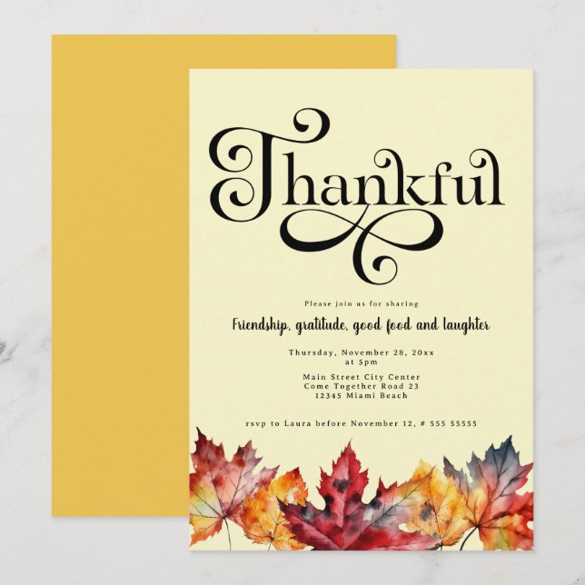 Tackbar Skript Vattenfärg löv Gul Senap Inbjudningar (Fram/baksida)