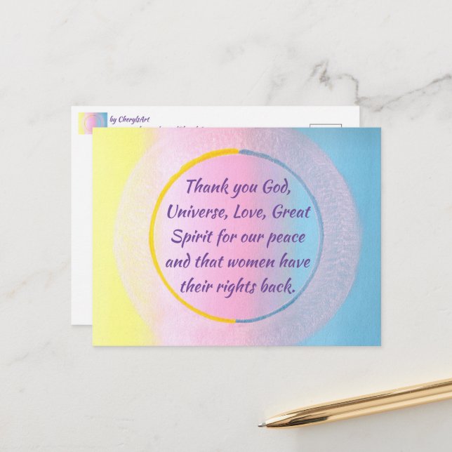 Tackbön för fred och kvinnors rättigheter vykort (Fram/Back In Situ)