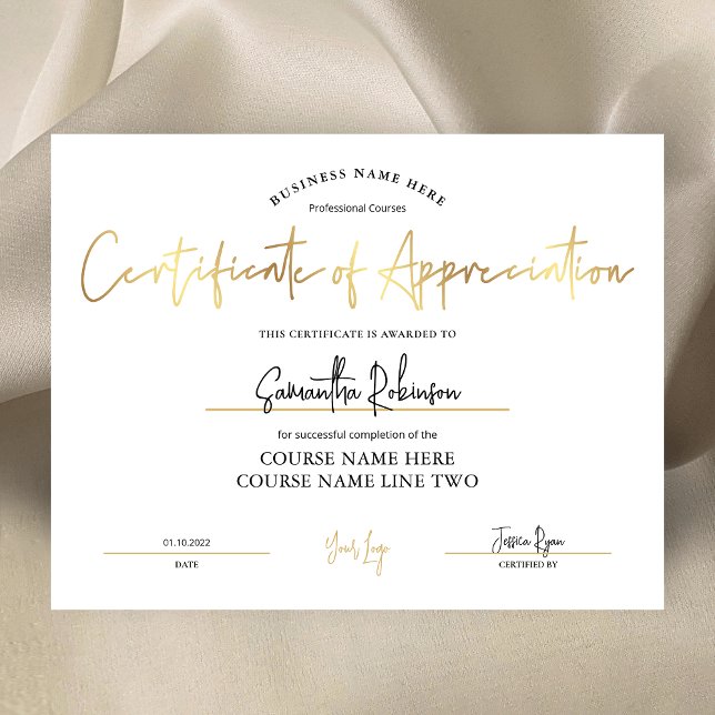 Tackbrev Faux Guld Utmärkelser (Elegant white and faux gold Certificate of Appreciation design, perfect to create custom awards)