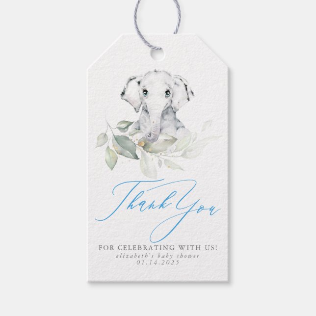 Tacken Baby Elephant Blue Sage Baby Shower Presentetikett (Framsidan)