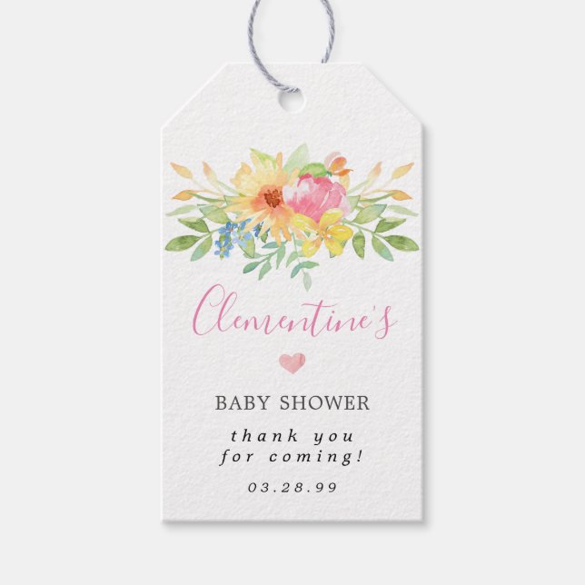 Tacken Baby Shower Rosa Gult Blommigt    Presentetikett (Framsidan)