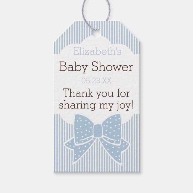Tacken Blue and White Rand Baby Shower Presentetikett (Framsidan)
