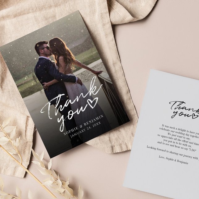 Tacken bröllopsdag Fotohandsskript Anteckningskort (Elegant Wedding Photo Couples Thank You Card)