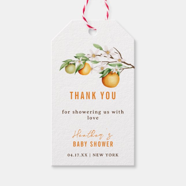 Tacken Citrus Baby Shower Orange sommar Presentetikett (Framsidan)
