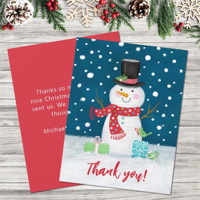 Tacken Cute Winter Snögubbe Julkort (A cute, festive Christmas holiday snowman thank you card.)