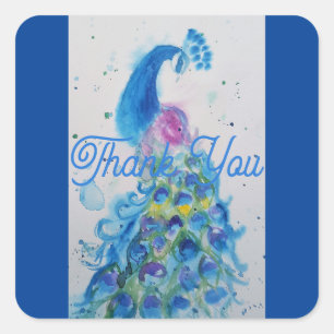 Tacken elegant Blue Peacock Watercolor Fyrkantigt Klistermärke