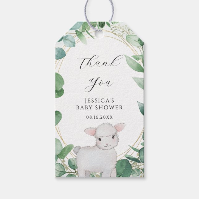 Tacken Eucalyptus Greenery Lamb Baby Shower Presentetikett (Framsidan)