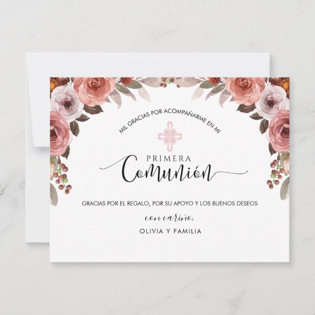 Tacken First Communion för spanska Rosa Blommigt G Tack Kort (Framsida)