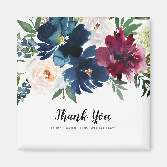 Tacken för vattenfärg Burgundy Navy Flowers Magnet (Framsidan)