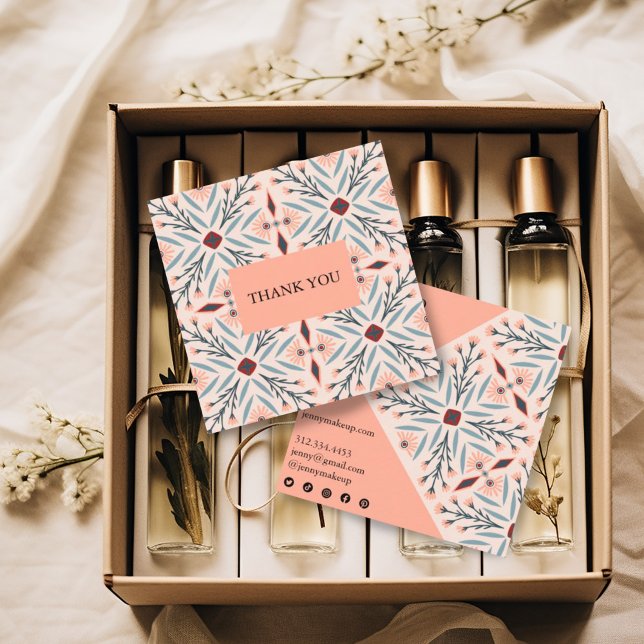 Tacken Geometrisk ordningsföljd för elegantens Blo Fyrkantigt Visitkort (Pretty pink pattern thank you business cards with social media icons)