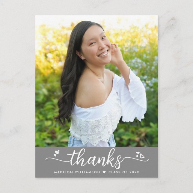 Tacken grått Studenten Photo Chic Script Hearts Vykort (Framsida)