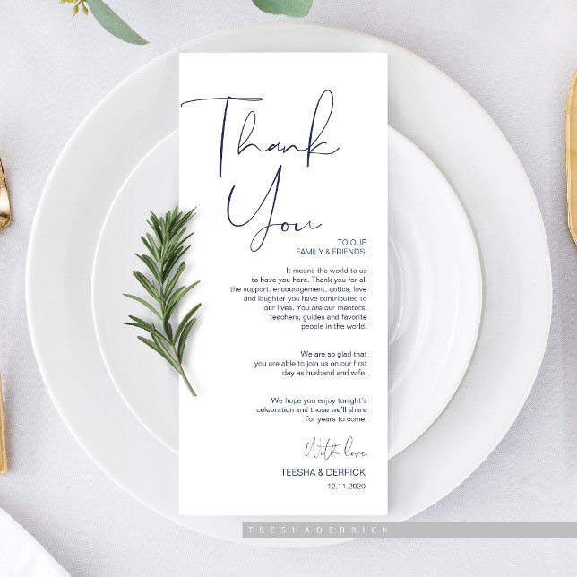 Tacken Inställning av Ställe för minimalism Navy S Program (Minimalism Navy Blue Script Place Setting Thank You Card, for Wedding Elopement Dinner Plate Decor.)