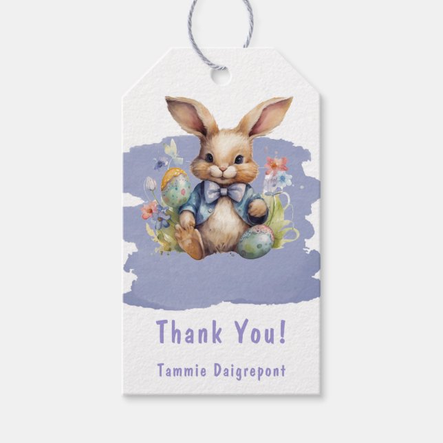 Tacken lila Tan Påskhare Baby Shower Presentetikett (Framsidan)