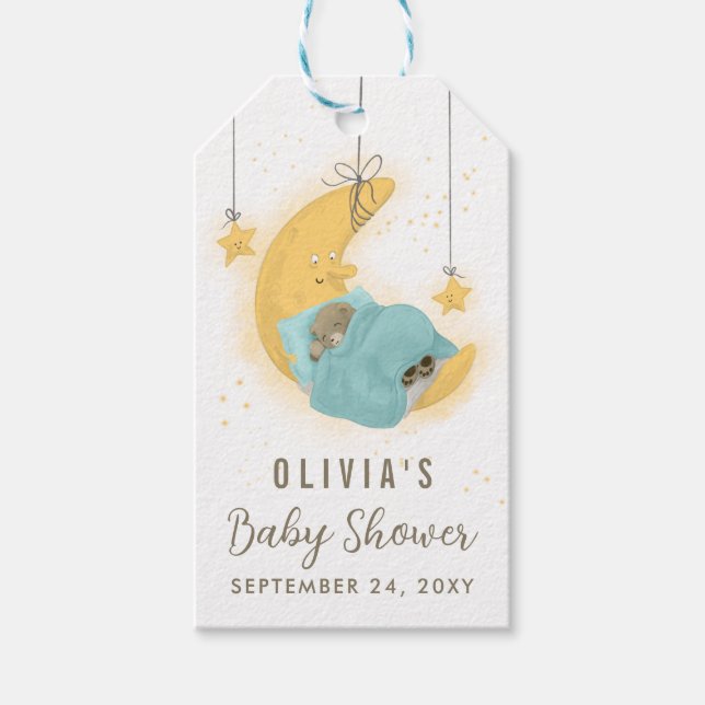 Tacken Måne Baby Shower Nalle Boy Presentetikett (Framsidan)