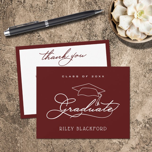 Tacken Markon för studentmössans Mörk Anteckningskort (Graduation cap on dark maroon flat thank you note cards have room for your message on the back.)