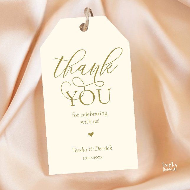 Tacken Modern Classy Bröllopsfest Gifts Presentetikett (Modern Classy Wedding Party Gifts Tag Thank You Label in yellow gold theme, with little cute heart)