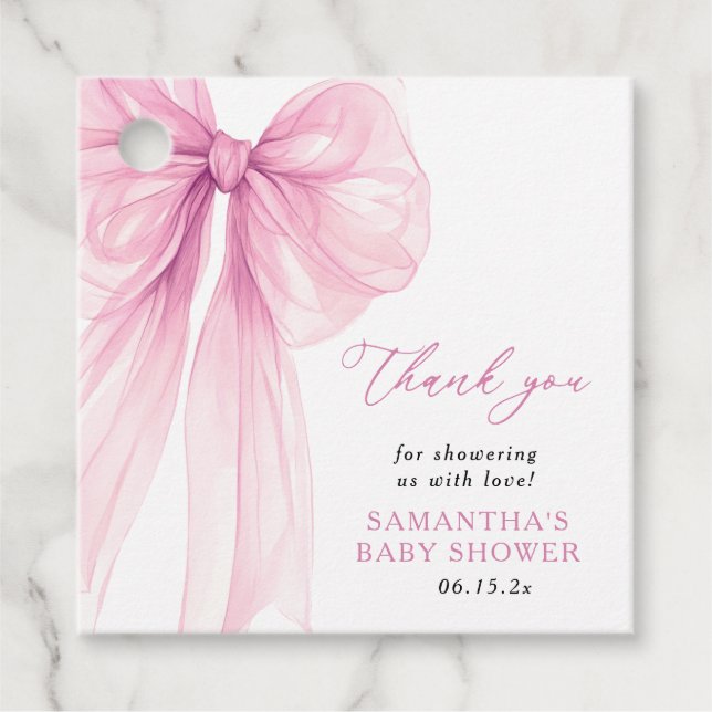 Tacken Modern Rosa Bow Baby Shower Gåvor Etiketter (Framsida)