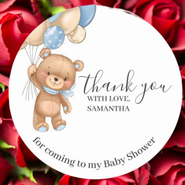 Tacken nalle Blue Balloons Runt Klistermärke (Express heartfelt gratitude with this Teddy Bear Blue Balloons Thank You sticker)