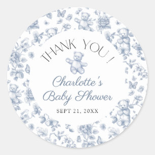 Tacken nalle Blue Toile Boy Baby Shower Runt Klistermärke